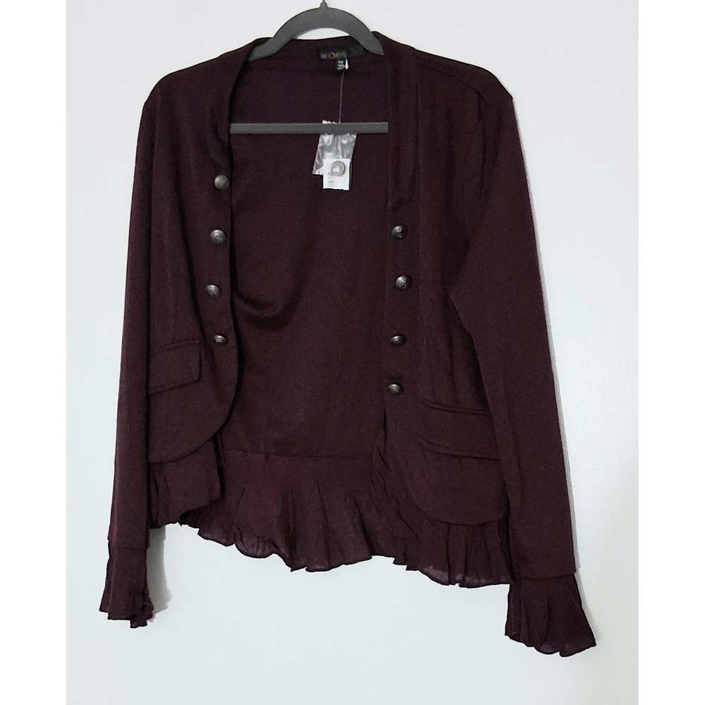Weavers‎ Ruffled Sweater Jacket Juniors Size Medium Burgundy Military Open Front